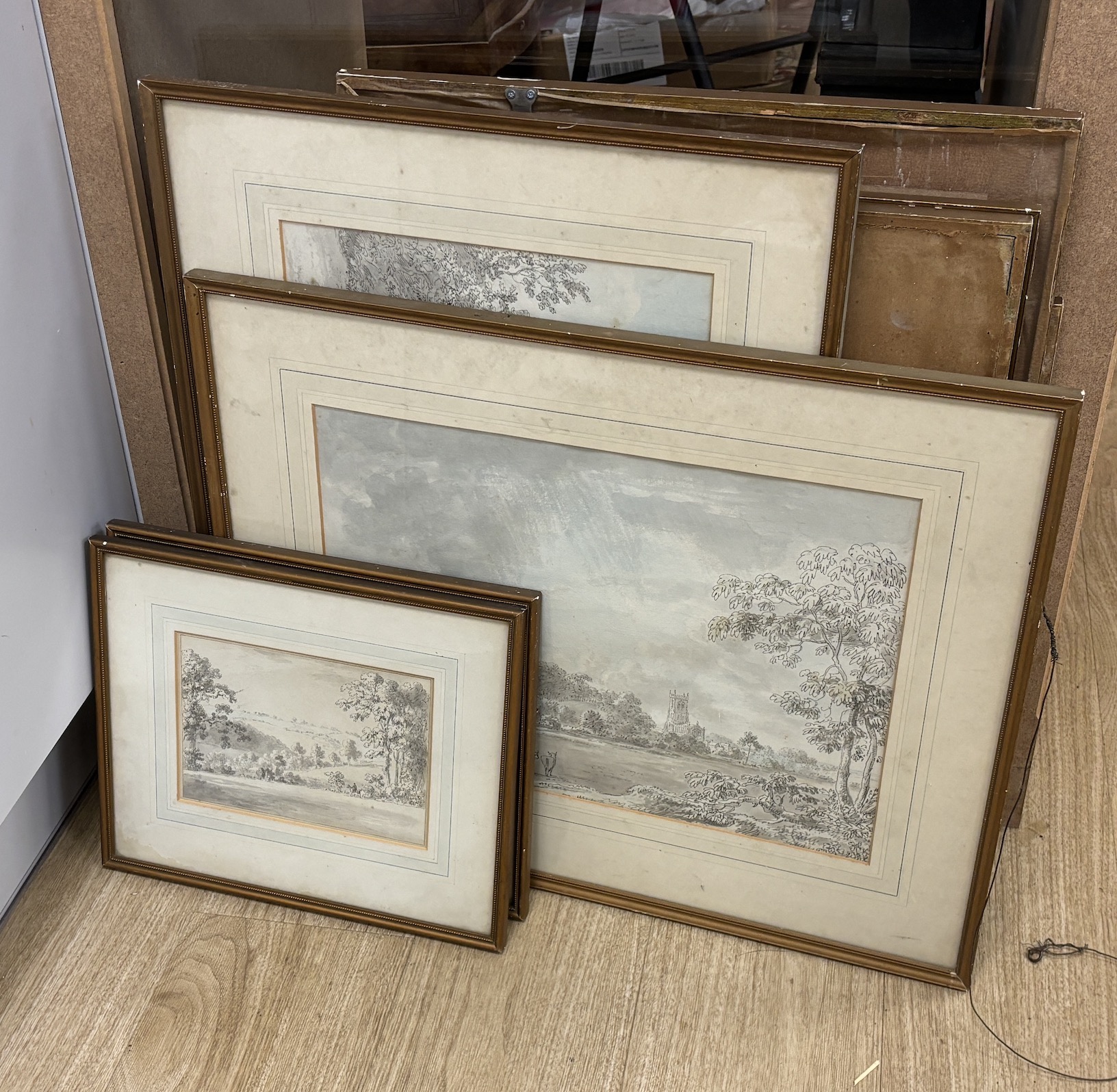 Early 19th century English School, set of eight pencil and watercolour drawings, Rustic landscapes, 30 x 43cm